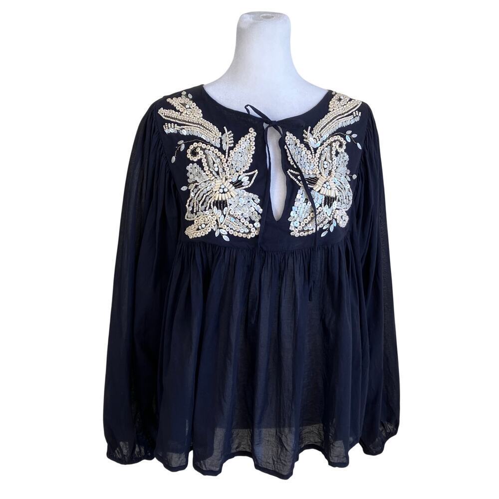 All Saints Sz 8 Dana Top Boho Beaded Peasanst Blouse Tie Neck Black Cream Cotton - Picture 3 of 16
